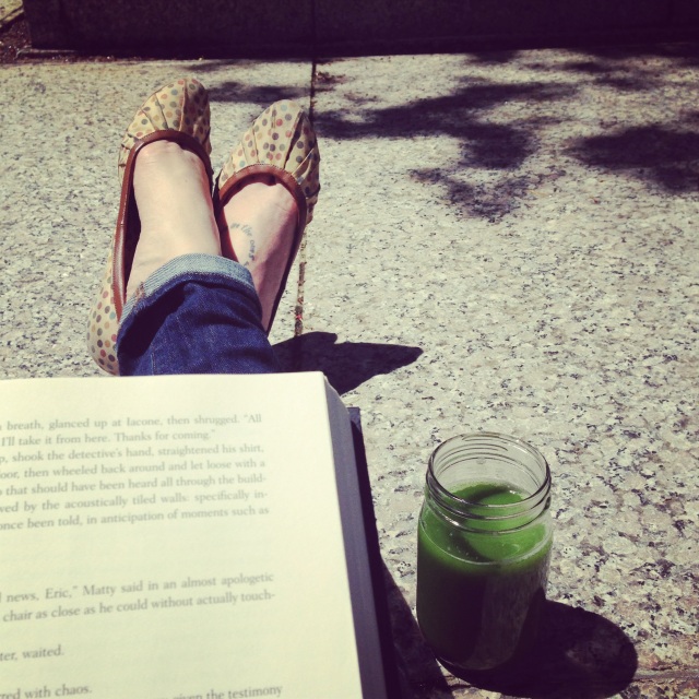 Enjoying a book in the courtyard over lunch break with Green Juice #2